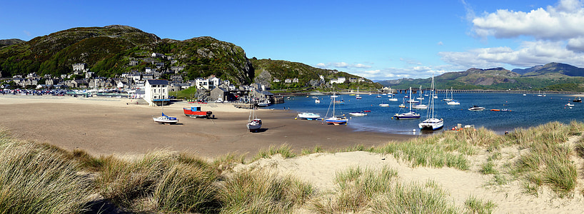 barmouth, wales, boats, harbour, sand, mawddach, estuary
