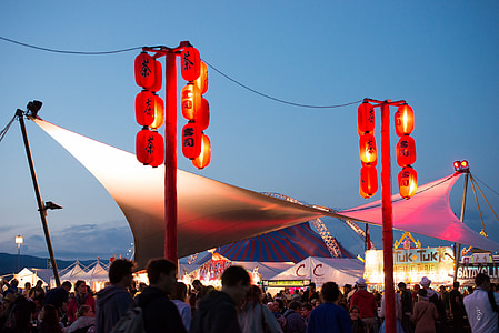 Festival, lámparas, cielo, luces, rojo