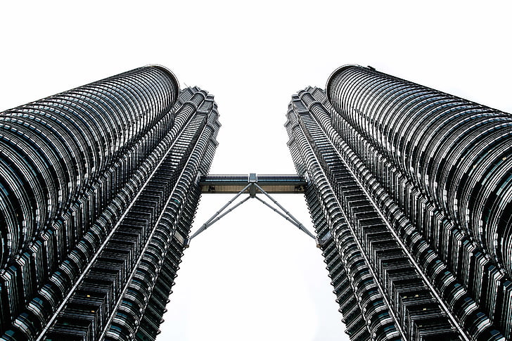 high, angle, photo, twin, rise, building, Petronas Towers