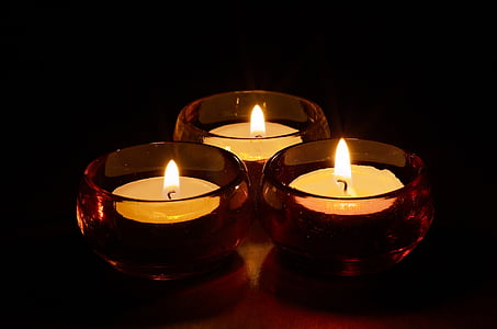 three, tealight, candles, dark, room, glass, candle