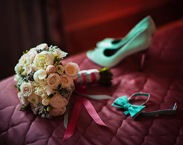 bridal bouquet, shoes, butterfly, bed, roses, wedding, flower