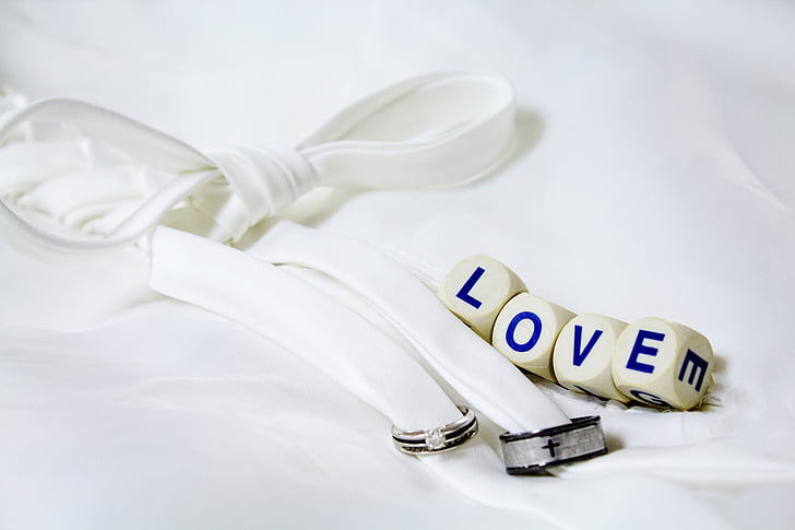 bela, lok, kravato, ljubezen, dekorativni, črke, prstan