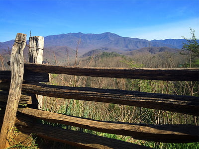 brown, wooden, fence, view, mountain, rural, countryside