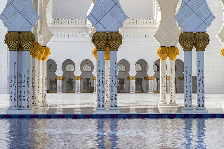 abu dhabi, blå, moskeen, sheikh zayed grand moskeen, UAE, hvit, arkitektur