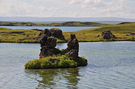 Islândia, Höfði, água, paisagem, pedras, rocha, natureza