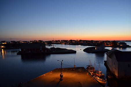 noche, luz, mar, barcos, Isla, islotes de, Noruega