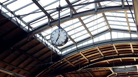 architecture, ceiling, clock, daylight, glass, indoors, low angle shot