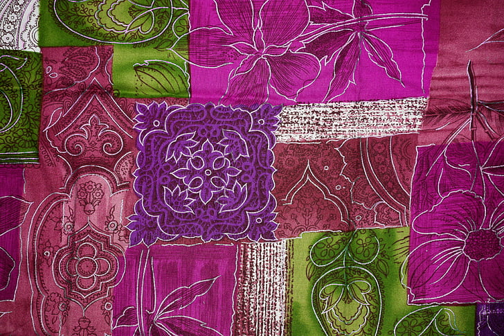 Hintergrund, Patchwork, Blumen, lila, violett, Grün, Stoff