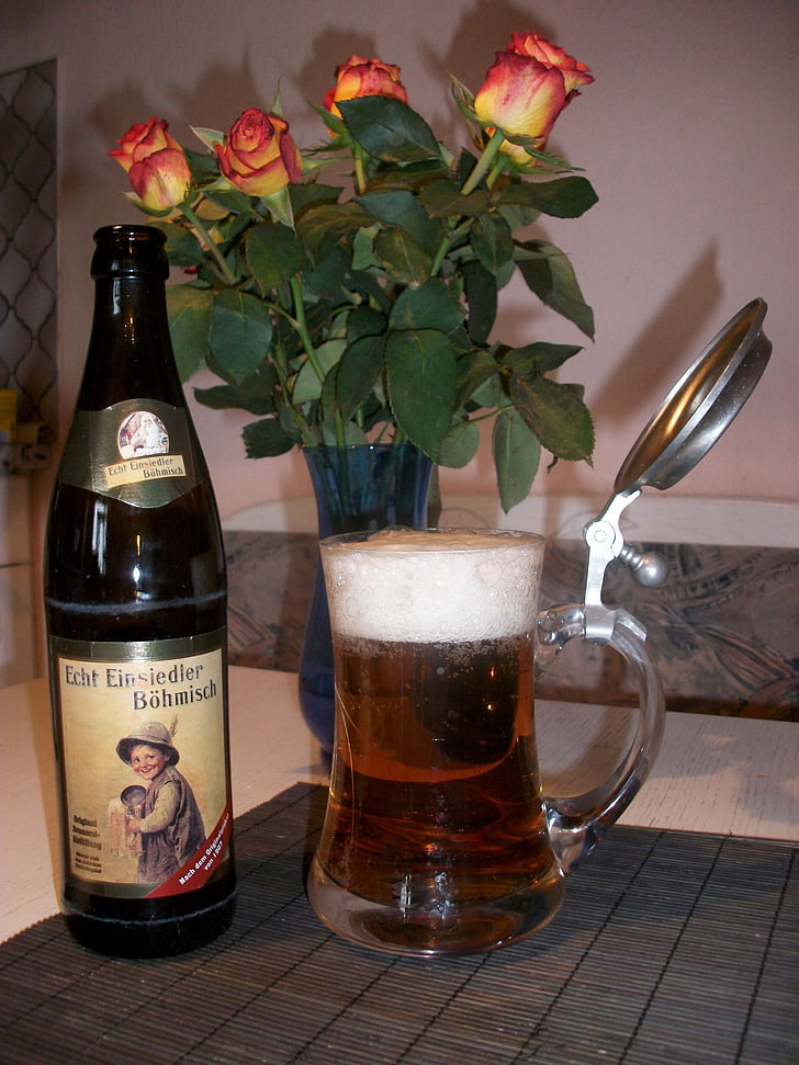 пиво, пляшка, стакан, квітка, Троянди, пиво скла, bierseidel