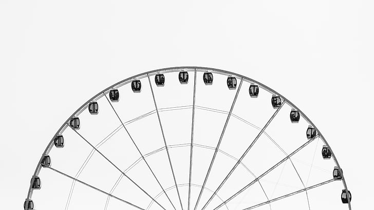 amusement park, big wheel, black-and-white, ferris wheel, fun fair, funfair