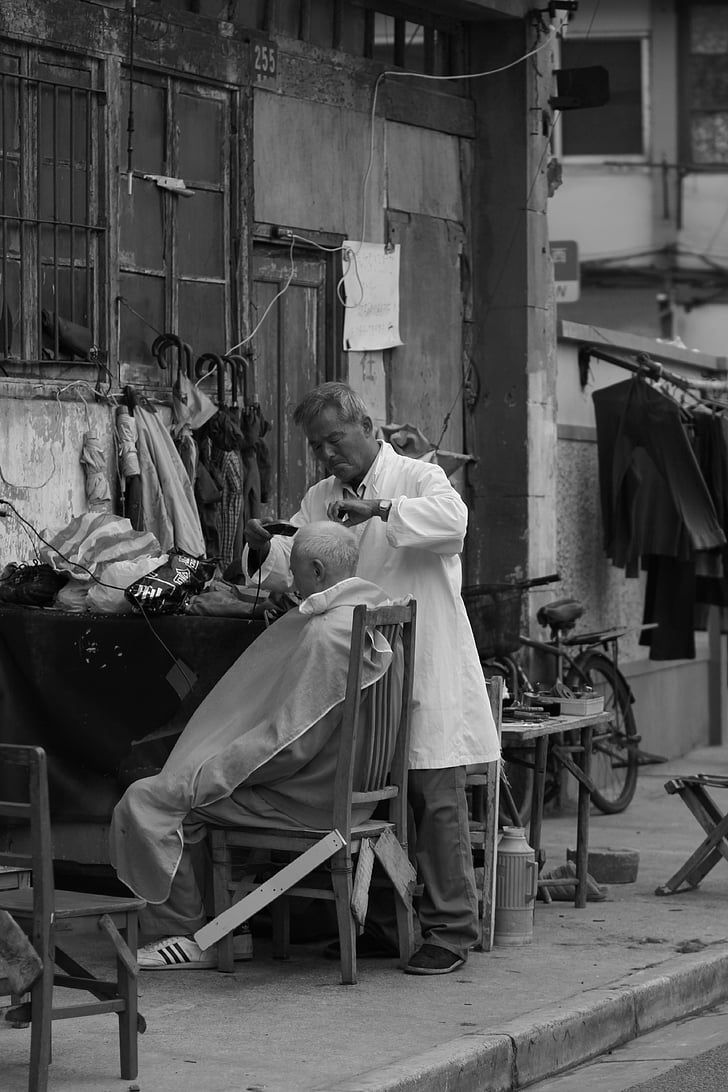 barber, black and white, old photos