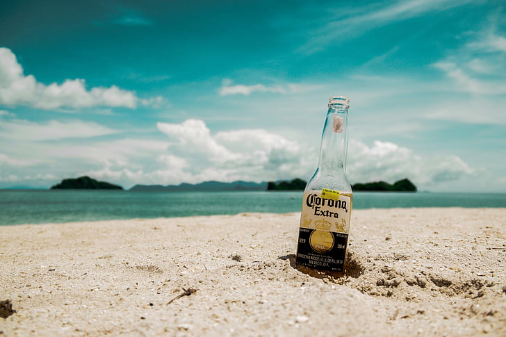 fokus, fotografii, Corona, dodatkowe, butelka, w pobliżu, Plaża