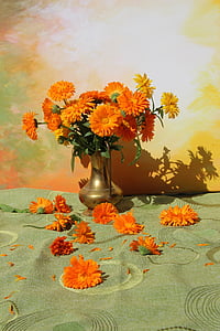 bouquet, flower vase, flowers, colorful, vase, orange, still life
