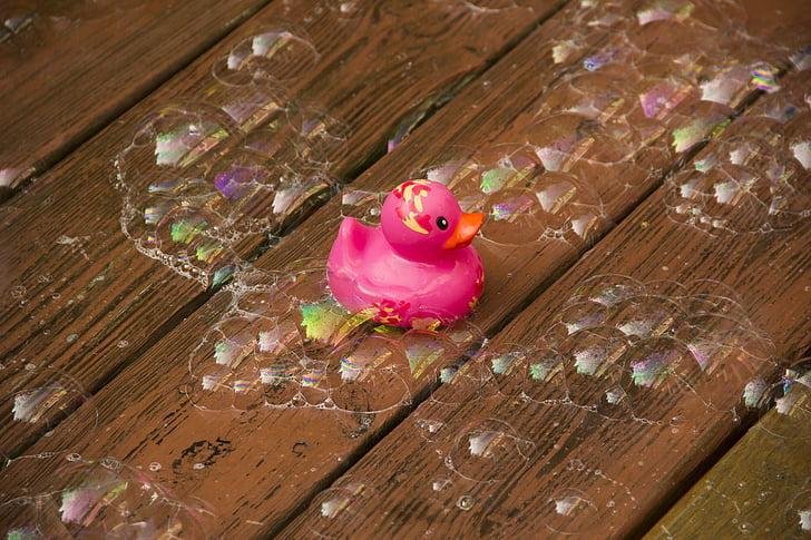 Gumová kachna, bubliny, hračka, voda, dítě, zábava, dětství