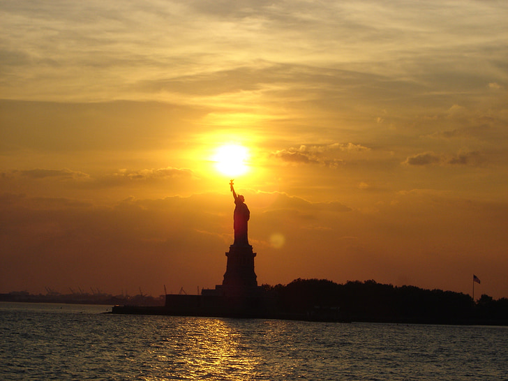 Statua della libertà, New york city, tramonto, cielo, nuvole, Baia, Porto