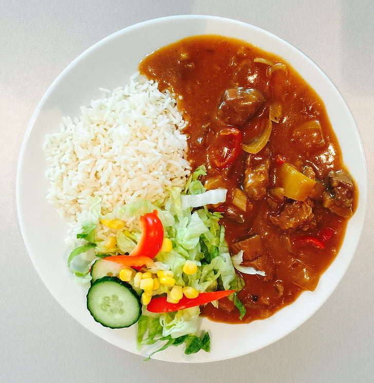 cena, arroz, comida, plato de comida, restaurante, placa de, de curry