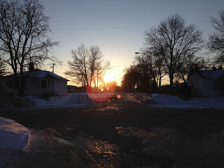 coucher de soleil, rue, neige, ville, Winnipeg, congelés
