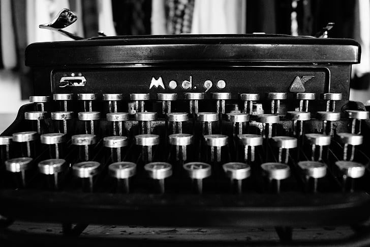 machine à écrire, dactylographie, noir et blanc, clés, mécanique, rouleau, carte