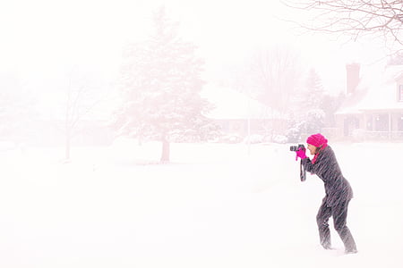 fotografas, pūga, sniego, žiemą, kamera, hobis, lauko