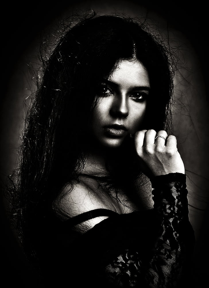 jeune fille, Portrait, noir et blanc, attrayant, beauté, femme, sensualité