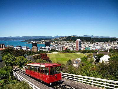 Wellington, Nova Zelândia, Trem, estrada de ferro, edifícios, arquitetura, Baía