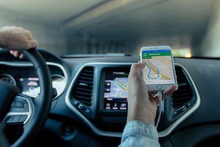 osoba, Drži, srebro, iPhone, GPS, Navigacija, Karta