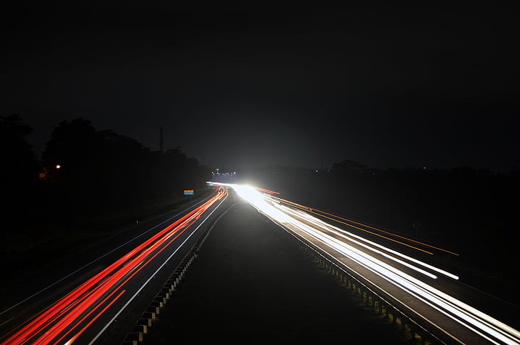 blur, sötét, este, gyorsforgalmi út, gyors, autópálya, könnyű vakító fény