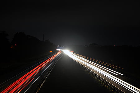 Blur, mørk, aften, motortrafikvej, hurtig, motorvej, lys blænding