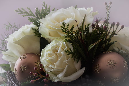 Χριστούγεννα, christbaumkugeln, τριαντάφυλλα, λευκά τριαντάφυλλα, glaskugeln, Χριστούγεννα χαιρετισμό, Χριστούγεννα του χρόνου