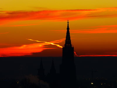 salida del sol, Ulm, Catedral de Ulm, cielo, hermosa, Estado de ánimo, Mañana