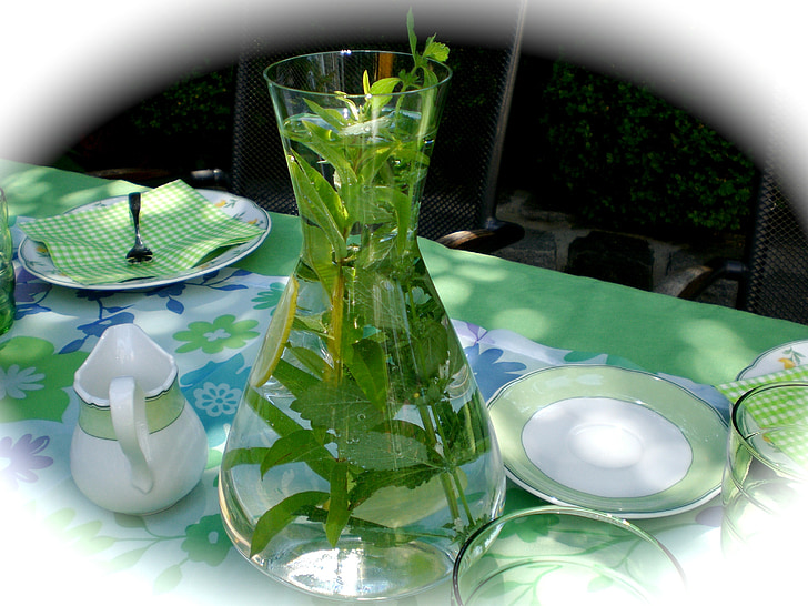stalo dekoravimas, akiniai, apdaila, stiklo, stalo dekoracijos, sodas, Prieskoninės žolės