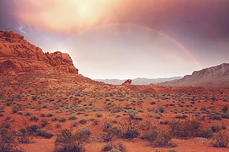 Rainbow, deszcz, zachód słońca, góry, kaniony, Nevada, południowy zachód