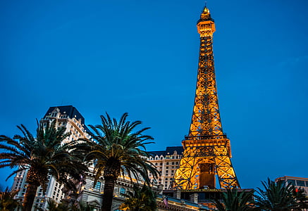 埃菲尔铁塔, 拉斯维加斯, 巴黎, 灯, 晚上, 著名, 赌场