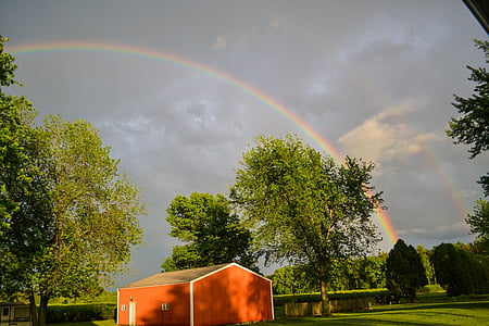 rainbow, barn, red, nature, trees, tree, leaves