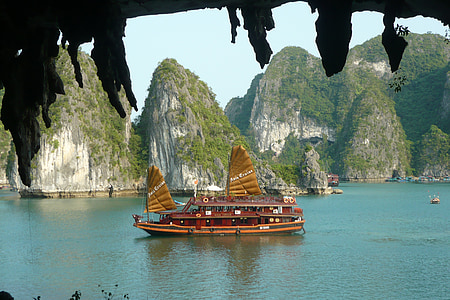 Zátoka Ha Long, krajina, Vietnam, loď, plavba, cestování, Příroda