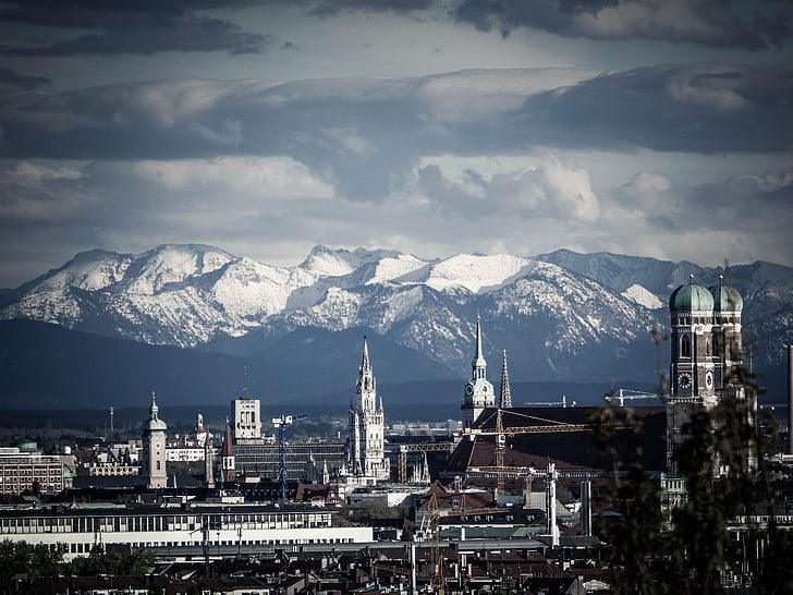 Munique, montanhas, Frauenkirche, humor, capital do estado, de cima, Baviera