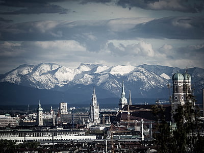 munich, mountains, frauenkirche, mood, state capital, from above, bavaria