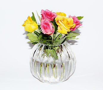 vaza, Kristalna vaza, vrtnice, rumena, roza, vrt, cvetje