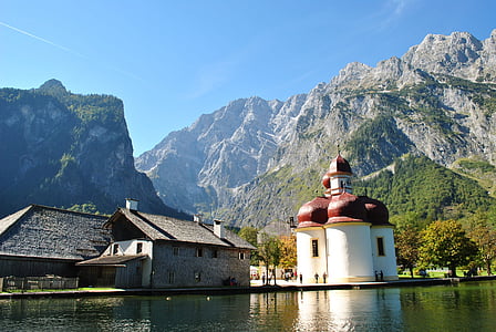 Schönau, Königssee, st Bartholomä, Berchtesgaden, Alpine, agua, cara de este del Watzmann