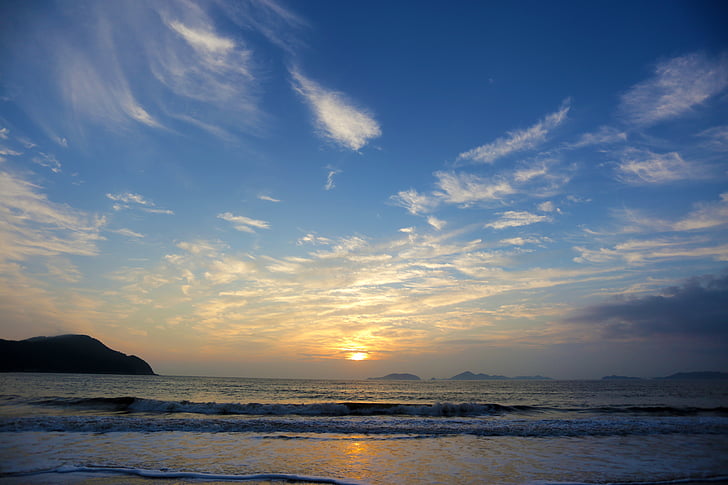 soluppgång, stranden, landskap, Sheung shui, scen