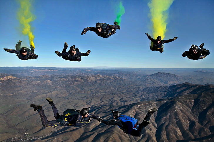 california, parachutists, skydivers, flares, colorful, sky, landscape