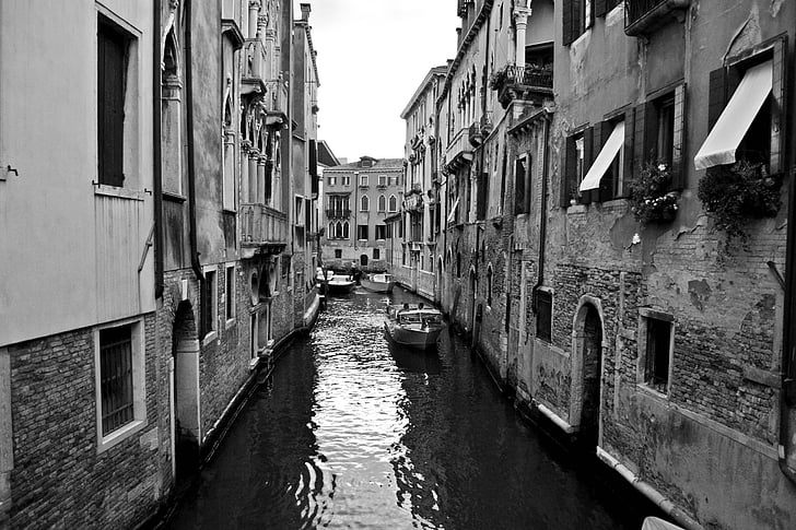 venice, black and white, channel, great channel, bridge, italy
