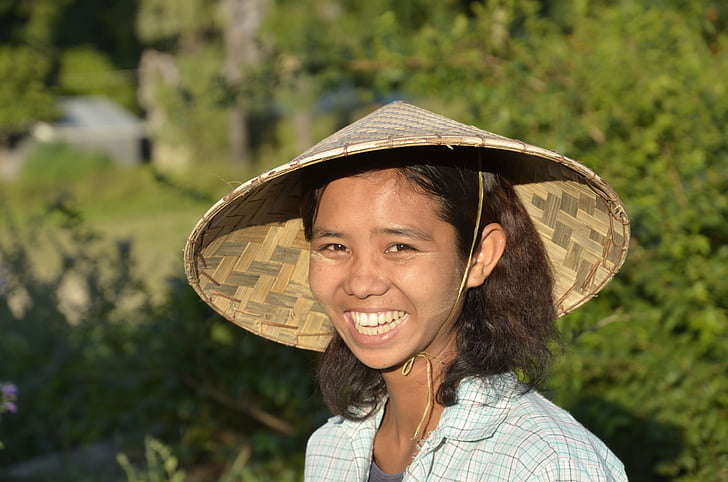 djevojka, Mianmar, smijeh, lice, sretan, šešir, jedna žena samo