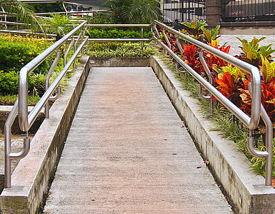 path, hall, ascent, rails, flowers, green area, step