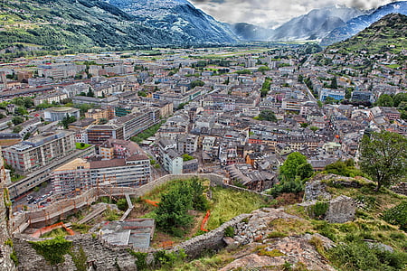 sion, switzerland, city, town, skyline, mountains, scenic