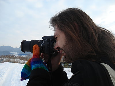 fotógrafo, hombre, invierno, acción, trabajo, fotografiando, cámara