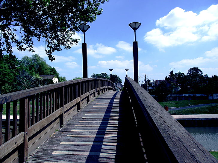 pont, lampadaires, pont en bois, France, Sky, nuages, canal