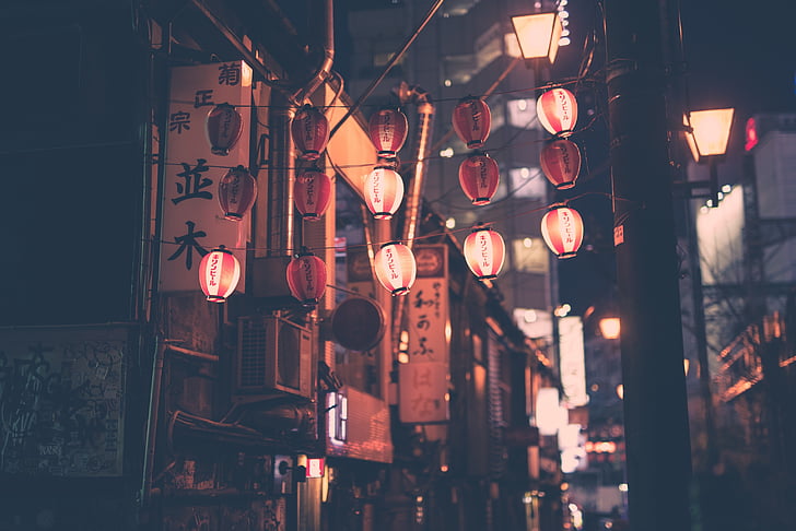 paper, lanterns, street, night, light, city, signage