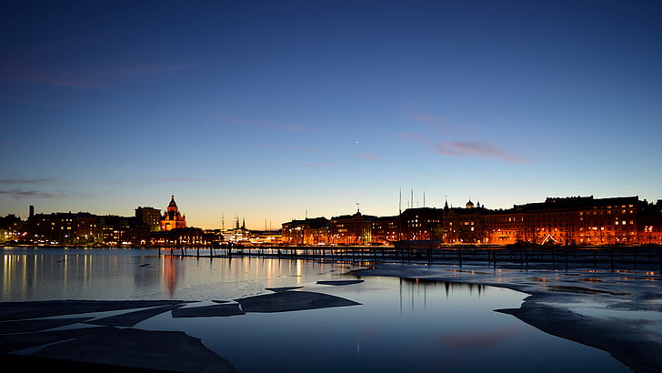 Helsinki, finn, téli, tenger, város, jég, este