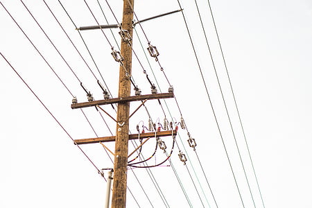 brown, electrical, post, power, line, powerline, electricity pole